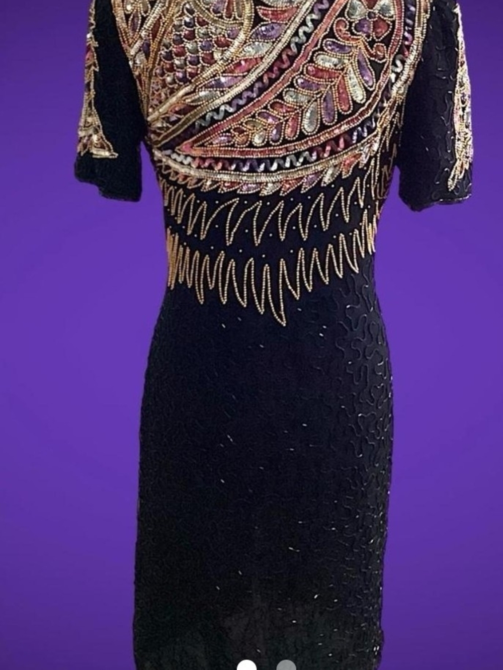 Source Unknown Black Midi Dress with Gold and Pink Embellishment